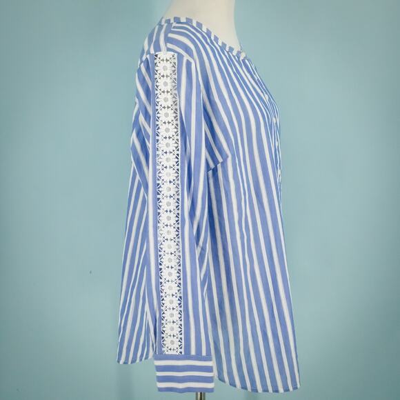 Talbots Plus Size 1X Blue White Stripe Lace Trim Popover Button Cotton Tunic Top - Picture 2 of 6